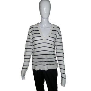 Halston Women's‎ White/Black Striped Drop-shoulder Vneck Knit Sweater